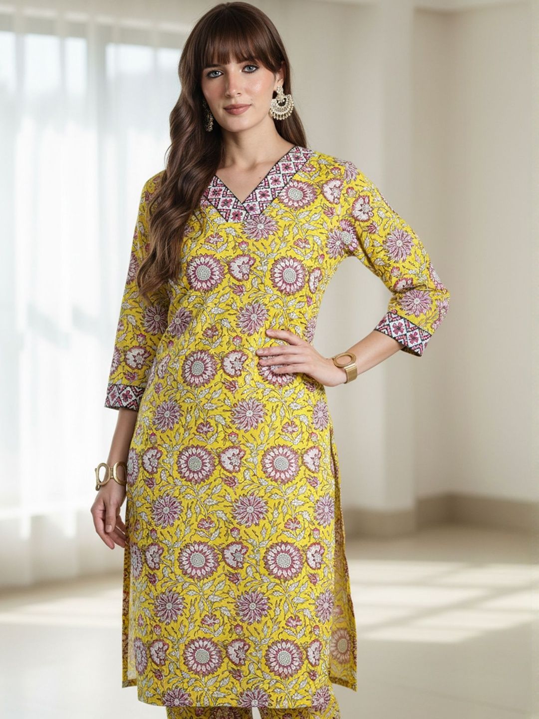 Floral Printed Pure Cotton Straight Kurta With Trousers & Dupatta
