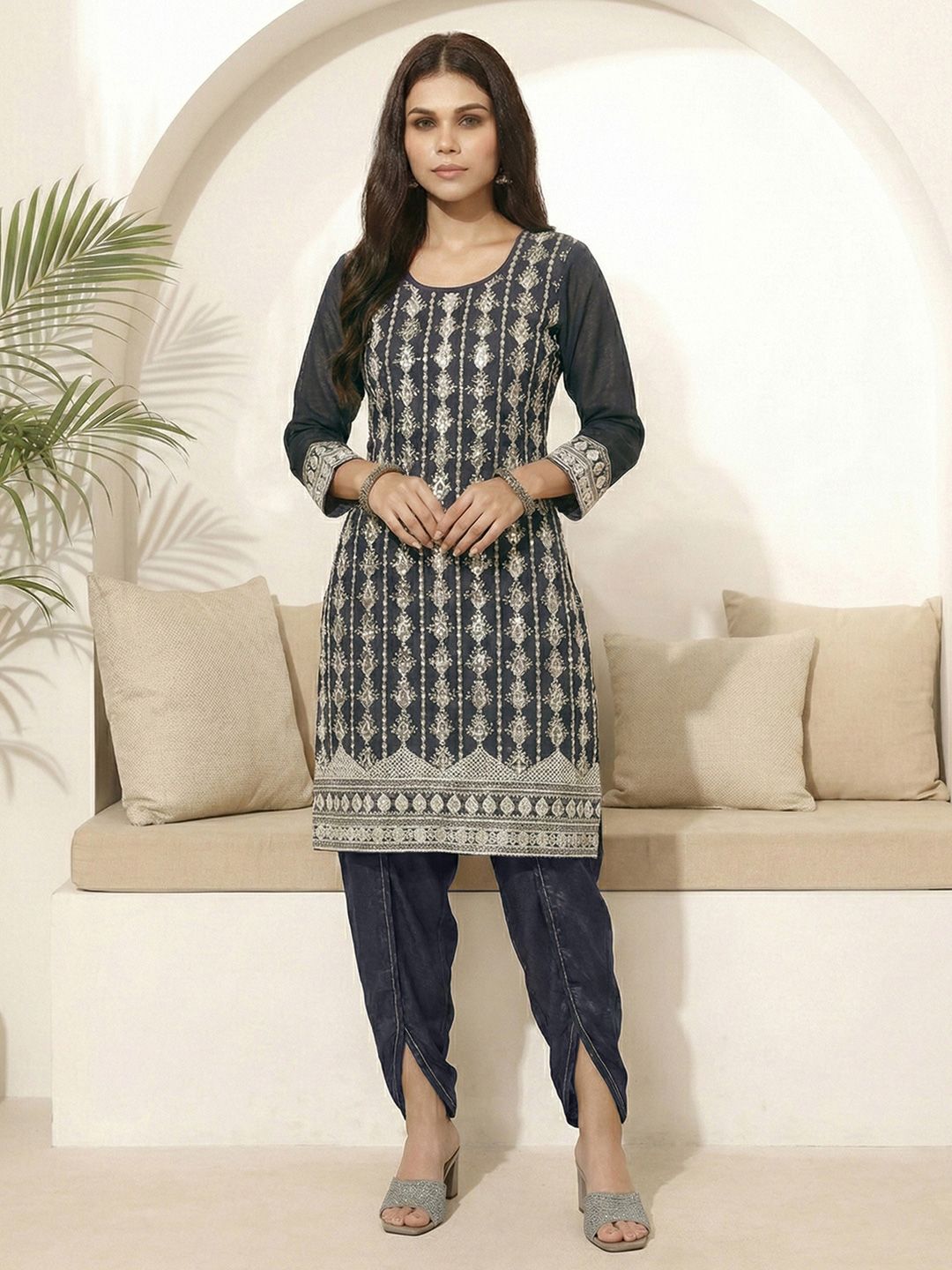 Dhiyona CH Women Ethnic Motifs Embroidered Regular Thread Work Kurta with Trousers & With Dupatta