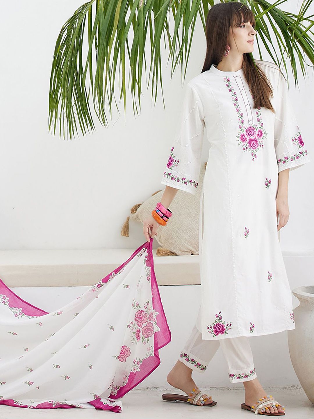 Floral Embroidered Thread Work Pure Cotton Kurta With Trousers & Dupatta