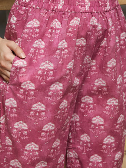 Dhiyona SN Women's Mauve Floral Printed Keyhole Neck Pure Cotton Kurta With Trouser & Dupatta