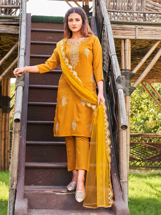 Dhiyona TI Women's Mustard Embroidered Kurta with Net Dupatta 