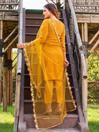 Dhiyona TI Women's Mustard Embroidered Kurta with Net Dupatta 