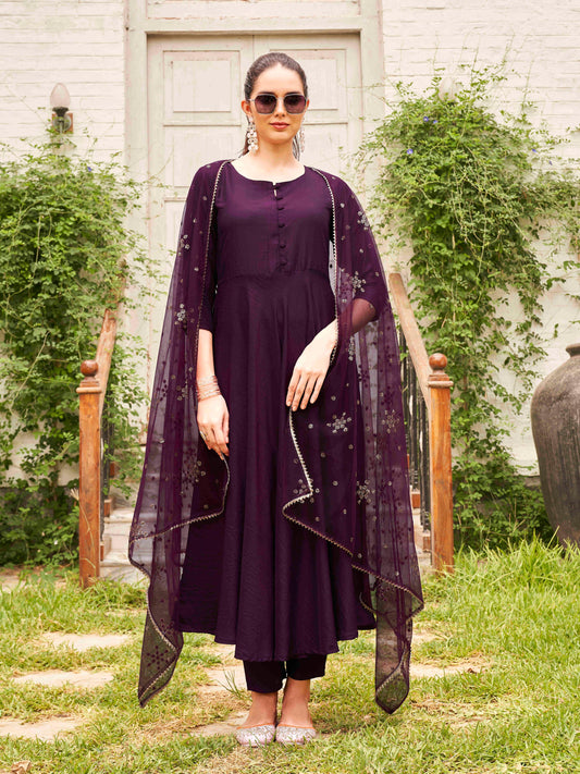 Dhiyona TI Women's Burgundy Poly Crepe Solid Flared Kurta with Pant and Dupatta