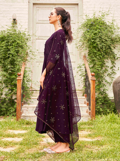 Dhiyona TI Women's Burgundy Poly Crepe Solid Flared Kurta with Pant and Dupatta