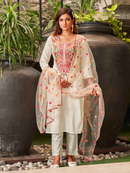 Dhiyona TI Women's Off White Cotton Kurta With Parsi Work Neck And Embroidered Dupatta