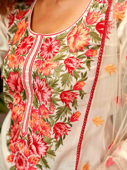 Dhiyona TI Women's Off White Cotton Kurta With Parsi Work Neck And Embroidered Dupatta