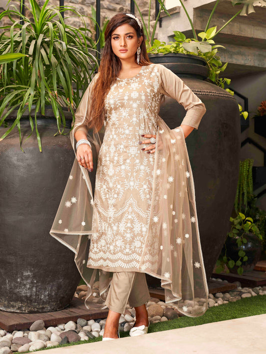 Dhiyona TI Women's Light Coffee Cotton Kurta With Chikankaari Work And Embroidered Dupatta