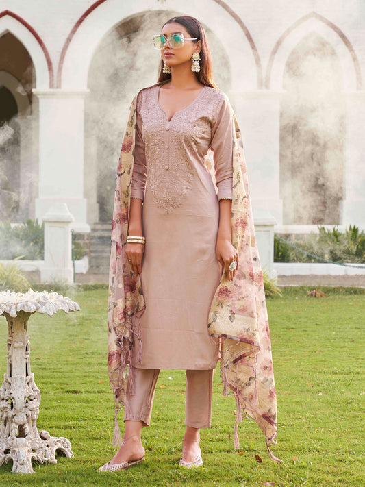 Dhiyona TI Women's Mauve Embroidery Kurta with Organza Dupatta