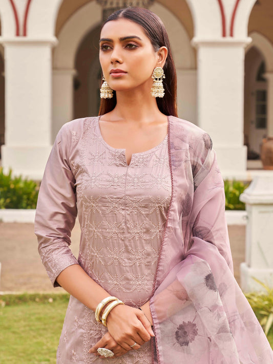 Dhiyona TI Women's Lavender Cotton Embroidery Kurta with Trouser & Dupatta