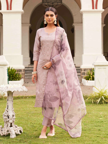 Dhiyona TI Women's Lavender Cotton Embroidery Kurta with Trouser & Dupatta
