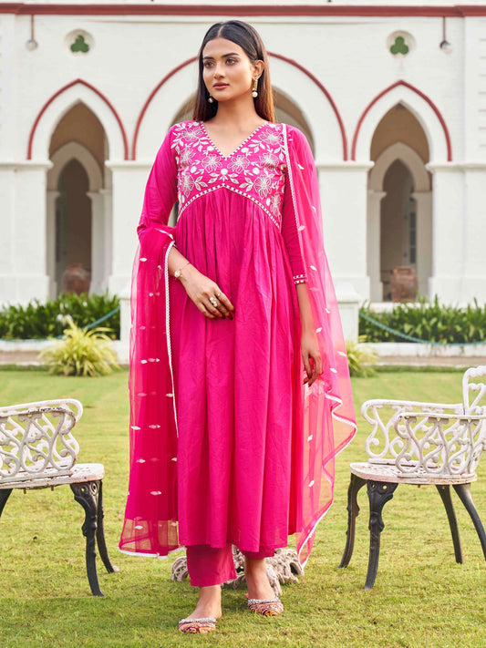 Dhiyona TI Women's Fuchsia Embroidery Anarkali with Net Dupatta & Trouser
