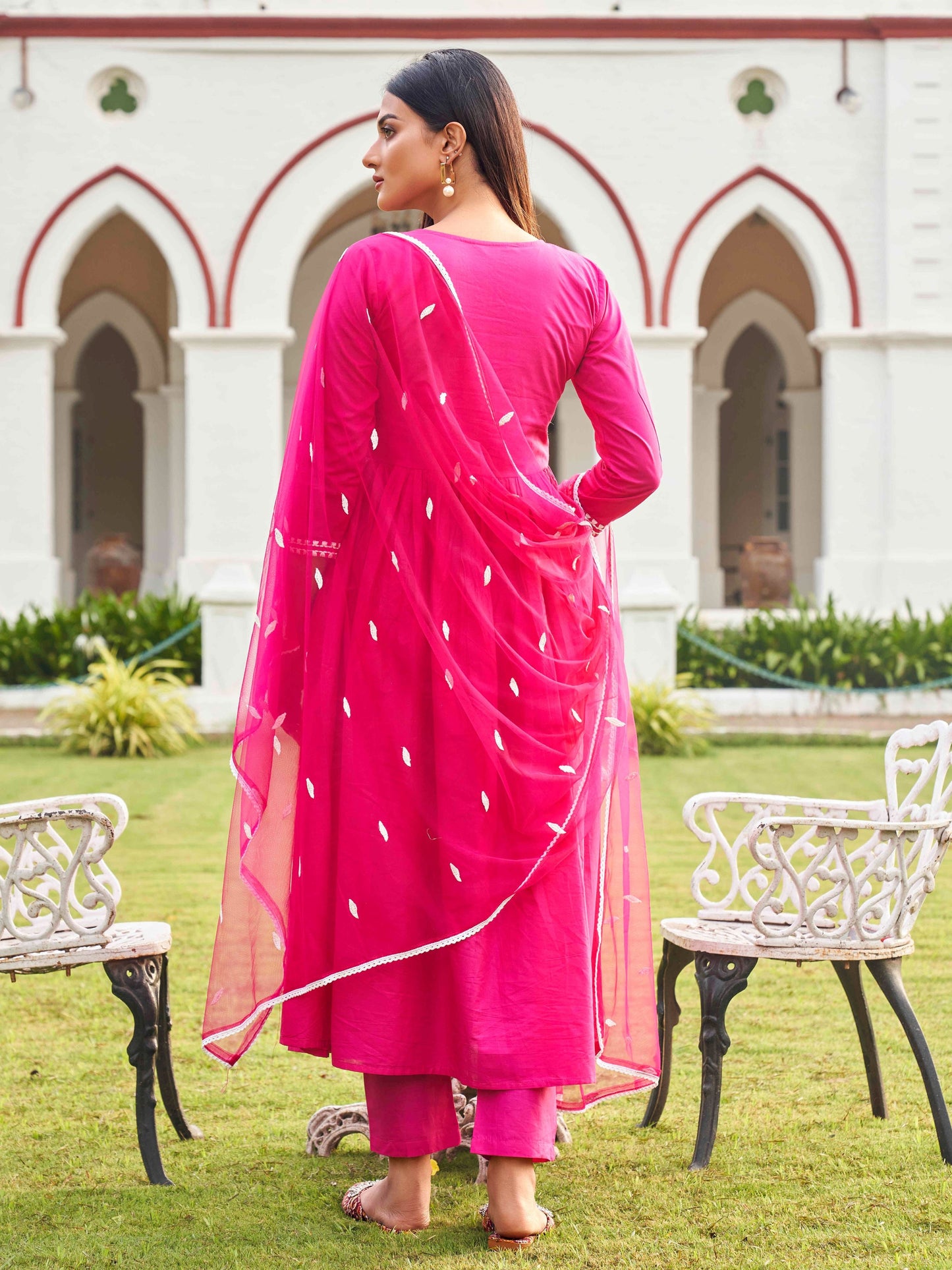 Dhiyona TI Women's Fuchsia Embroidery Anarkali with Net Dupatta & Trouser
