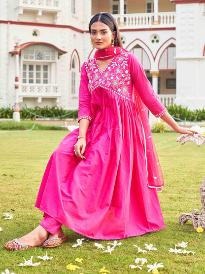 Dhiyona TI Women's Fuchsia Embroidery Anarkali with Net Dupatta & Trouser