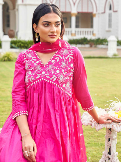 Dhiyona TI Women's Fuchsia Embroidery Anarkali with Net Dupatta & Trouser
