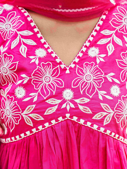 Dhiyona TI Women's Fuchsia Embroidery Anarkali with Net Dupatta & Trouser