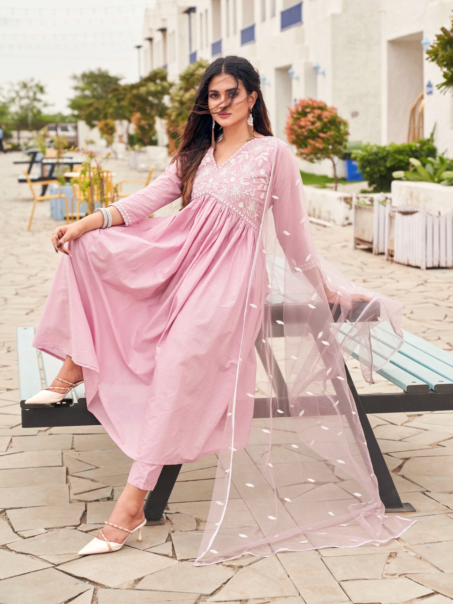 Dhiyona TI Women's Pink Color Embroidery Anarkali Kurta with Pant & Net Dupatta
