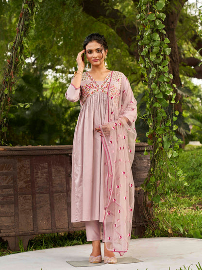 Dhiyona TI Women's Mauve Embroidery Thread Work Alia Cut Kurta