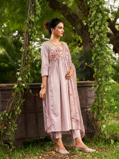 Dhiyona TI Women's Mauve Embroidery Thread Work Alia Cut Kurta