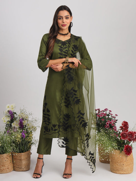 Dhiyona TI Women's Olive Lace Work Embroidered Cotton Kurta With Pant & Dupatta