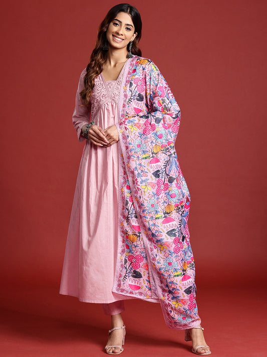 Dhiyona TI Women's Rose Pink Tonal Thread Embroidered Alia Cut Kurta With Pant & Dupatta