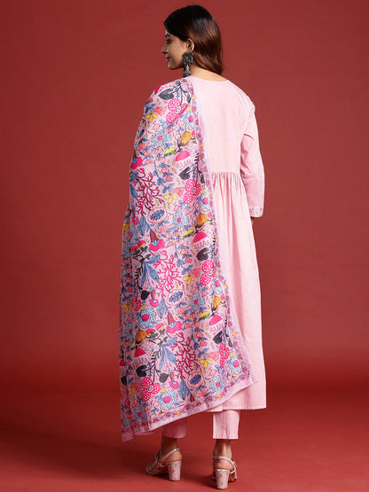 Dhiyona TI Women's Rose Pink Tonal Thread Embroidered Alia Cut Kurta With Pant & Dupatta