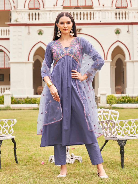 Dhiyona TI Women's Lavender Cotton Blend Multi Flared Alia Cut Kurta with Pant and Dupatta