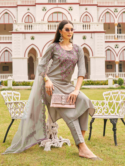 Dhiyona TI Women's Silk Blend Multi Thread Straight Cut Kurta with Pant and Dupatta