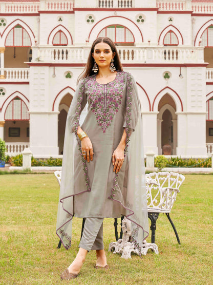 Dhiyona TI Women's Silk Blend Multi Thread Straight Cut Kurta with Pant and Dupatta