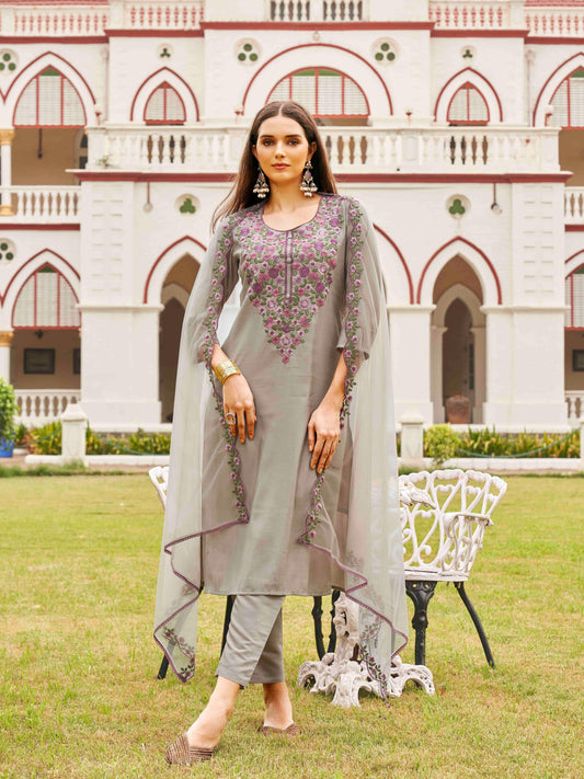 Dhiyona TI Women's Silk Blend Multi Thread Straight Cut Kurta with Pant and Dupatta