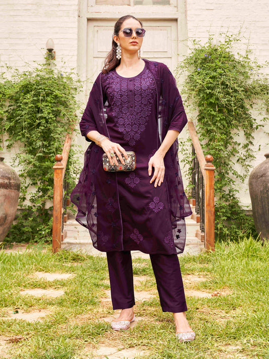 Dhiyona TI Women's Wine Silk Blend Tonal Thread Straight Cut Kurta with Pant and Dupatta