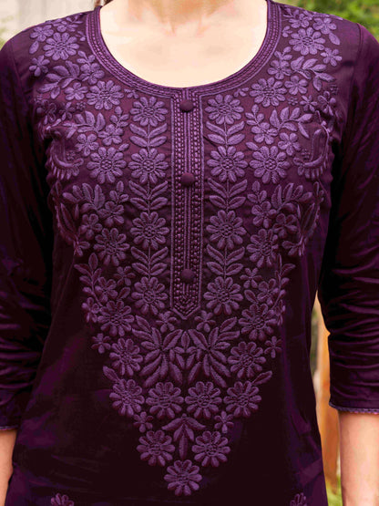 Dhiyona TI Women's Wine Silk Blend Tonal Thread Straight Cut Kurta with Pant and Dupatta