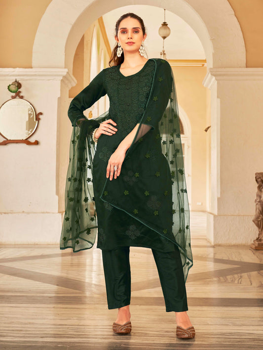 Dhiyona TI Women's Blend Tonal Thread Straight Cut Kurta with Pant and Dupatta