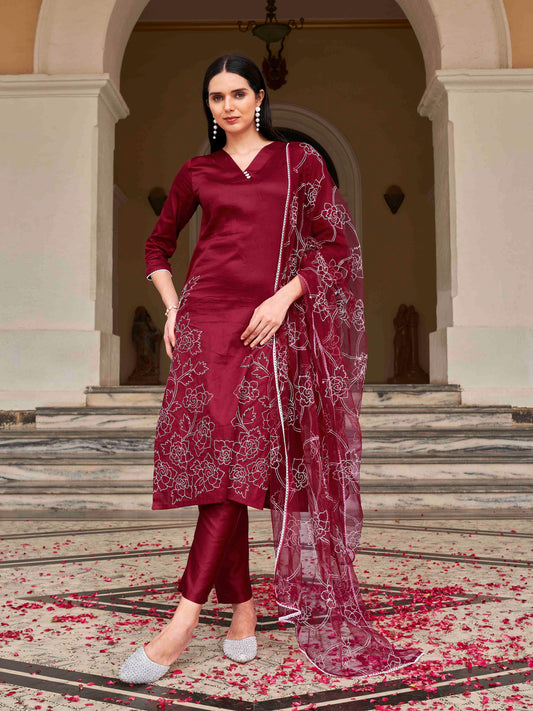 Dhiyona TI Women's Blend White Thready Work Kurta with Pant and Dupatta