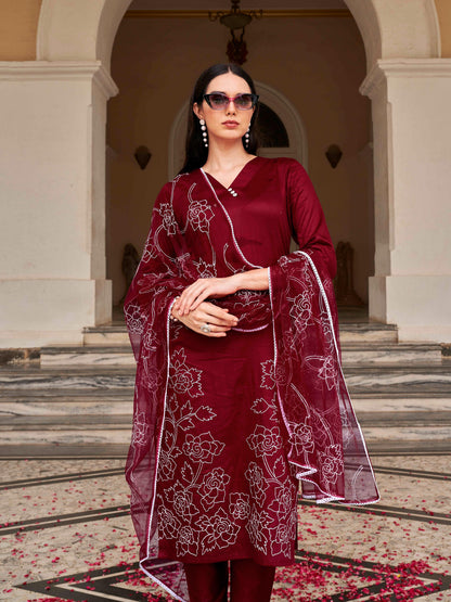 Dhiyona TI Women's Blend White Thready Work Kurta with Pant and Dupatta
