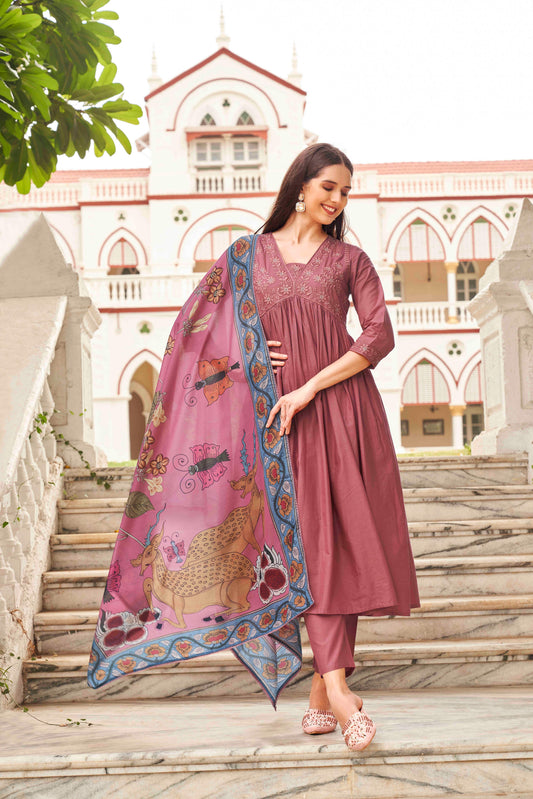Dhiyona TI Women's Tonal Thread Alia Cut Flared Kurta with Pant and Dupatta