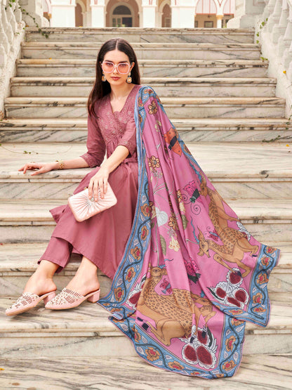 Dhiyona TI Women's Tonal Thread Alia Cut Flared Kurta with Pant and Dupatta