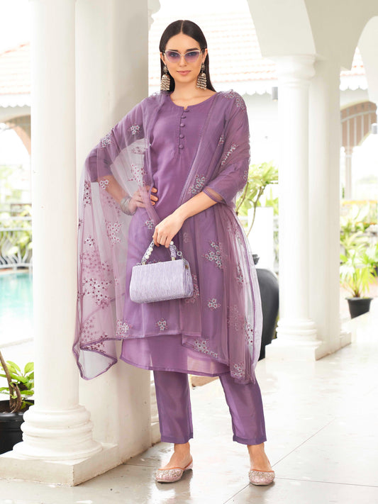 Dhiyona TI Women's Purple Solid Kurta and Pants with Dupatta