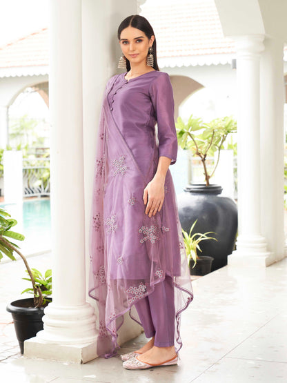 Dhiyona TI Women's Purple Solid Kurta and Pants with Dupatta