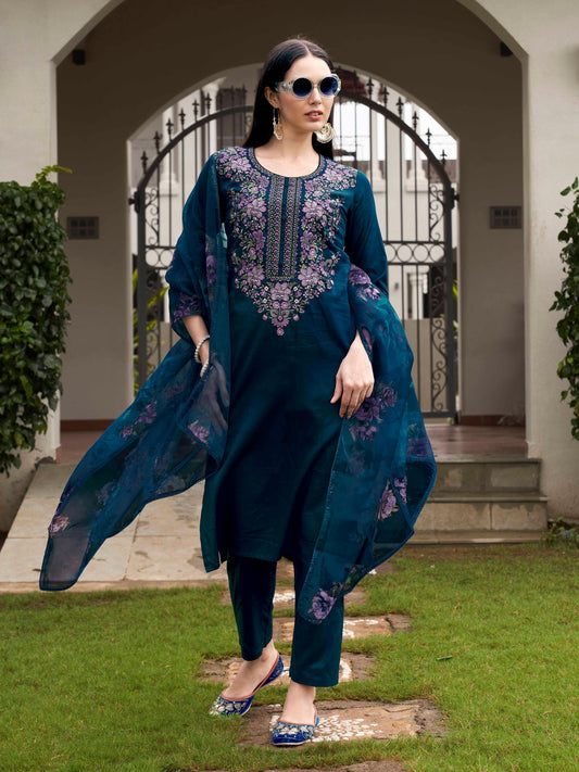 Dhiyona TI Women's Teal Blue Embroidered Kurta and Pants with Dupatta