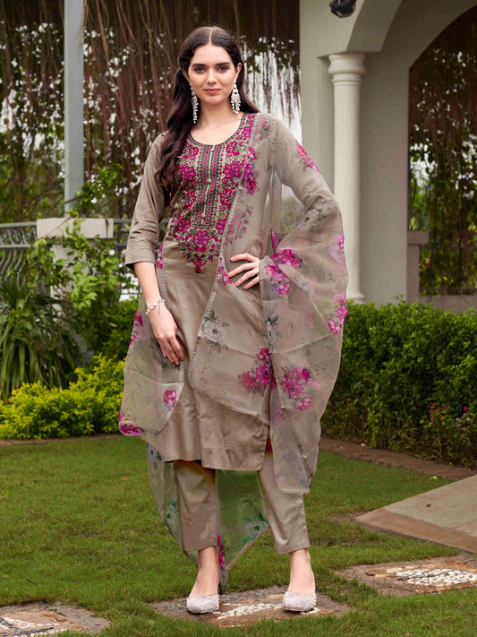 Dhiyona TI Women's Brown Embroidered Kurta and Pants with Dupatta