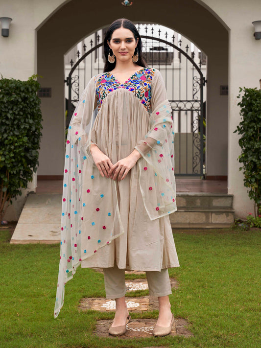 Dhiyona TI Women's Beige Parsi Embroidered Flared Kurta and Pants with Dupatta