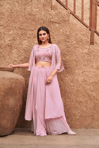 Dhiyona TI Women's Women Pink Georgette Embroidered Co Ord