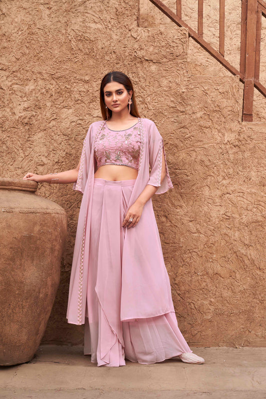 Dhiyona TI Women's Women Pink Georgette Embroidered Co Ord