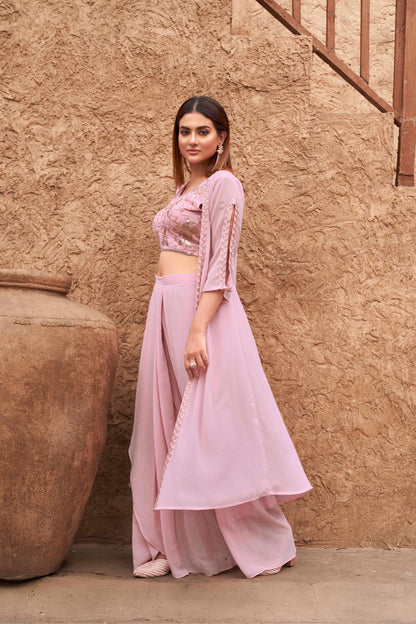 Dhiyona TI Women's Women Pink Georgette Embroidered Co Ord
