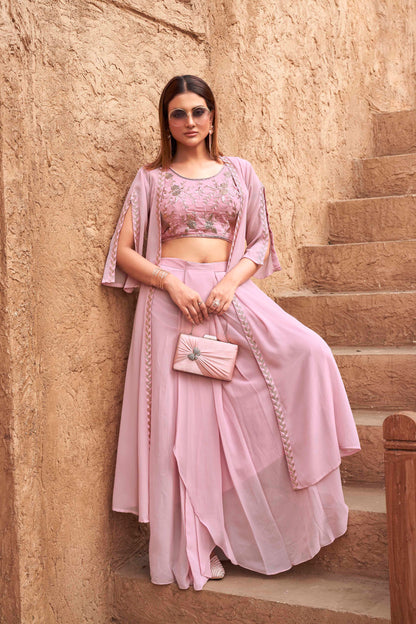Dhiyona TI Women's Women Pink Georgette Embroidered Co Ord