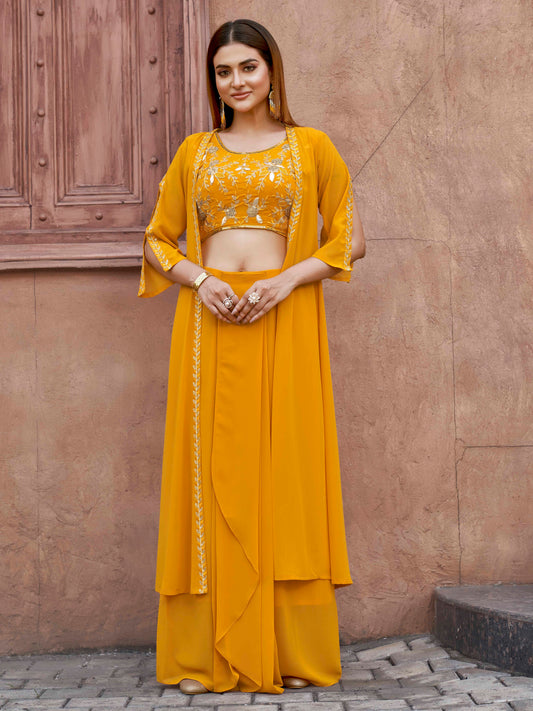 Dhiyona TI Women's Women Yellow Georgette Embroidered Co Ord