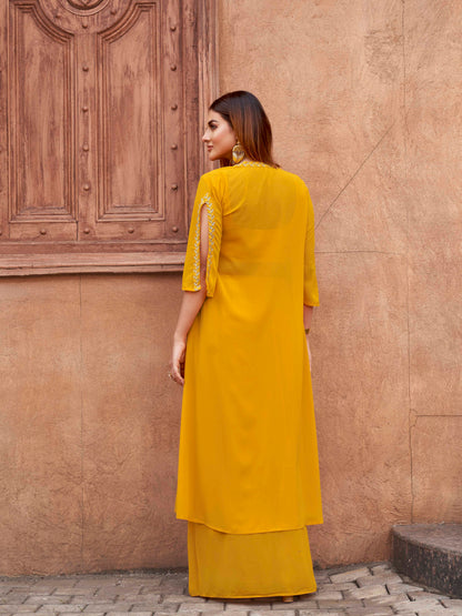 Dhiyona TI Women's Women Yellow Georgette Embroidered Co Ord