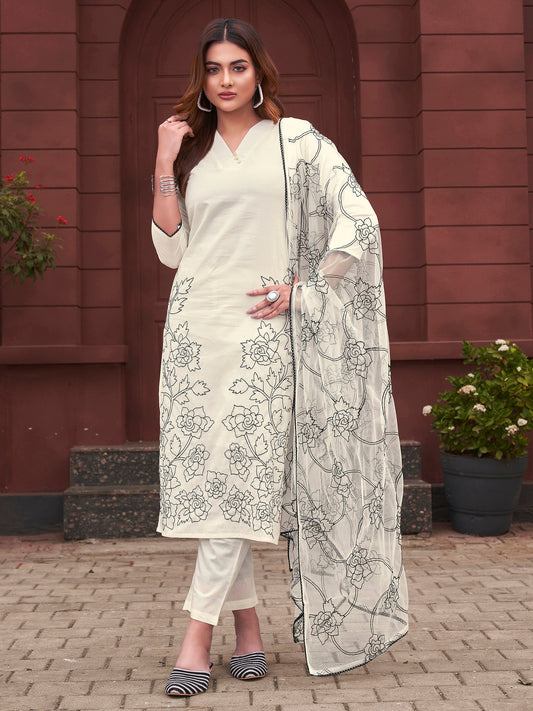 Dhiyona TI Women's Women White Pure Cotton Embroidered Kurta with Pant and Dupatta