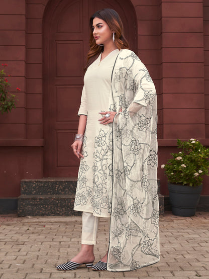 Dhiyona TI Women's Women White Pure Cotton Embroidered Kurta with Pant and Dupatta