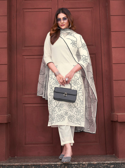 Dhiyona TI Women's Women White Pure Cotton Embroidered Kurta with Pant and Dupatta